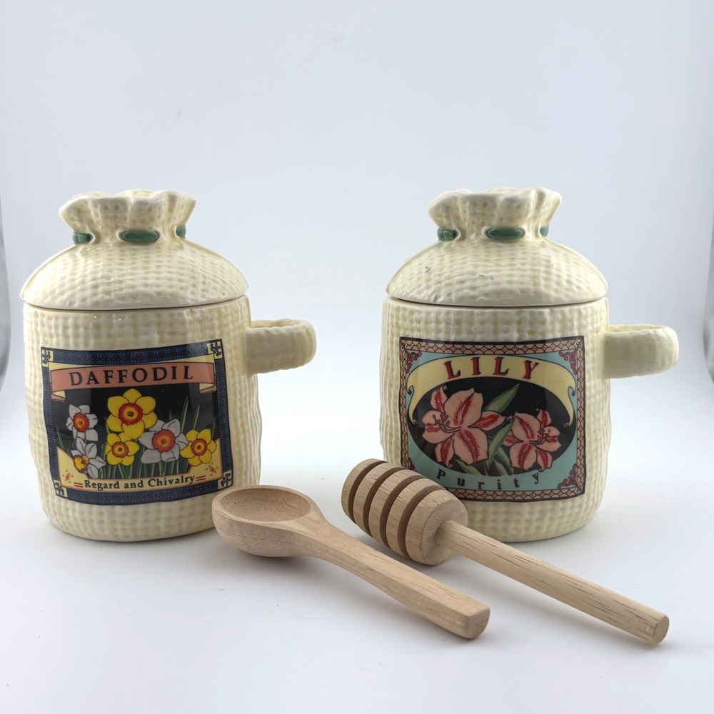 Himark Flower Patch Ceramic Condiment Set Lily Daffodil Honey Jam Jars‎ Utensils